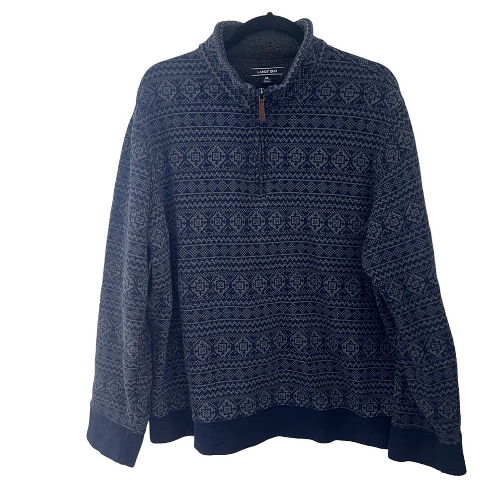 Lands End Mens 1/4 Zip Sweater Blue Fair Isle Print Sz XL